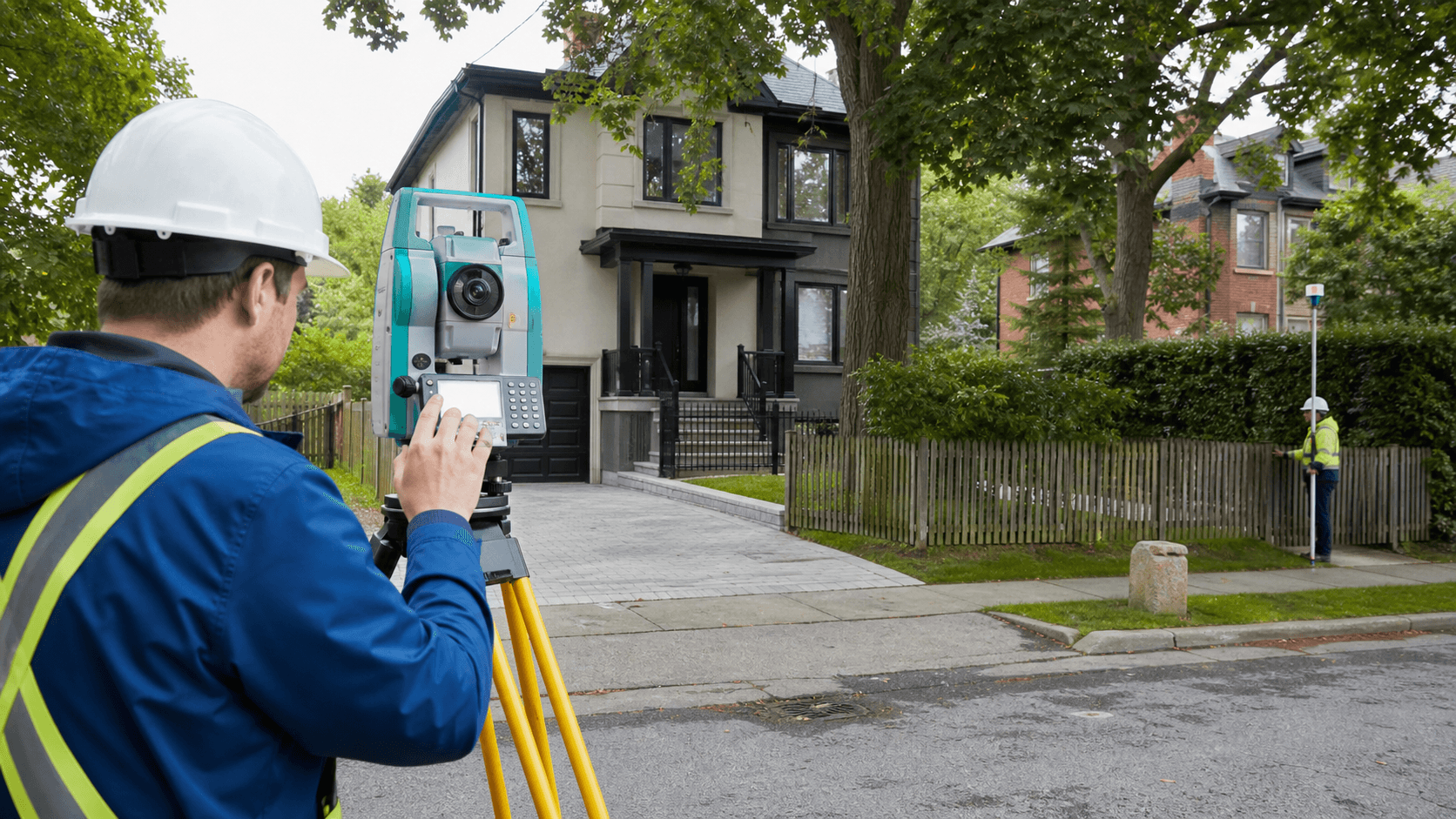 Toronto land surveyor measuring a residential property boundary before renovation planning