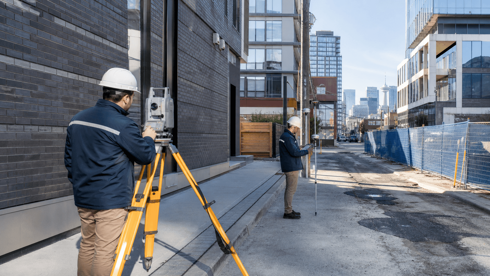 Survey crew collecting existing-condition data for a Toronto commercial redevelopment site