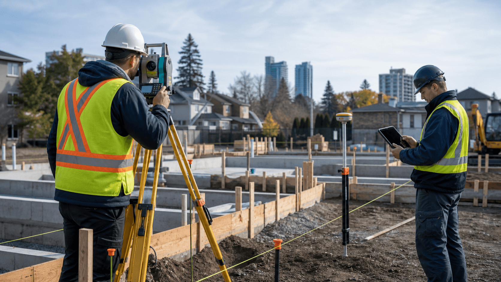 Surveyor performing construction layout staking on a GTA building site