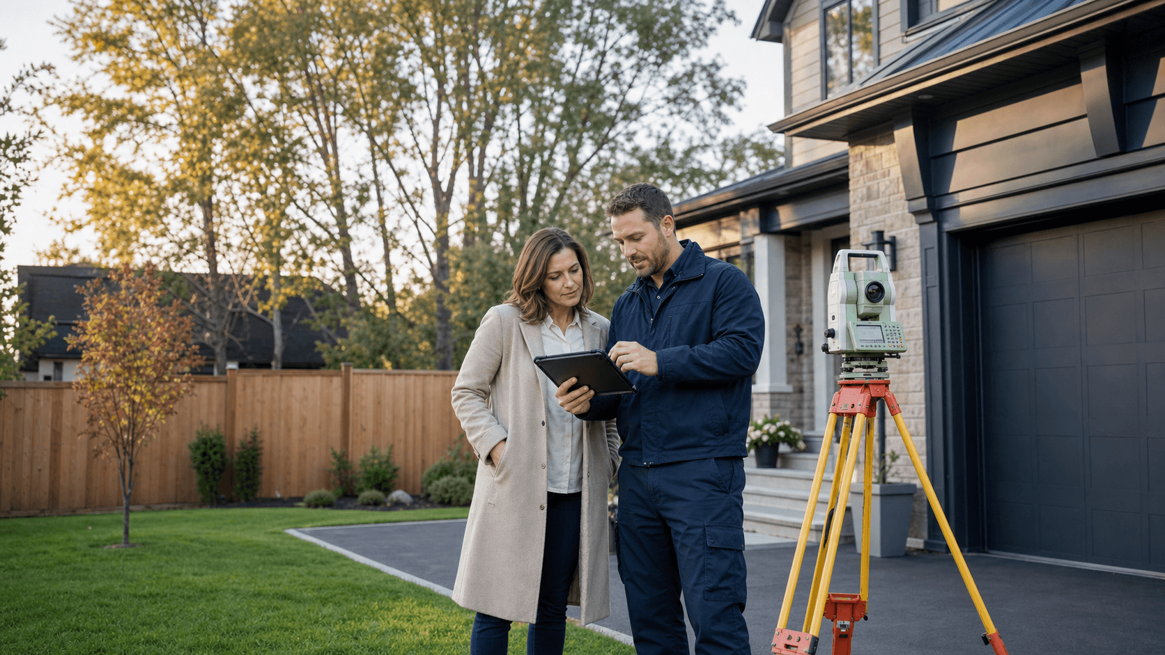 Ontario surveyor reviewing property information with a homeowner before a real estate closing