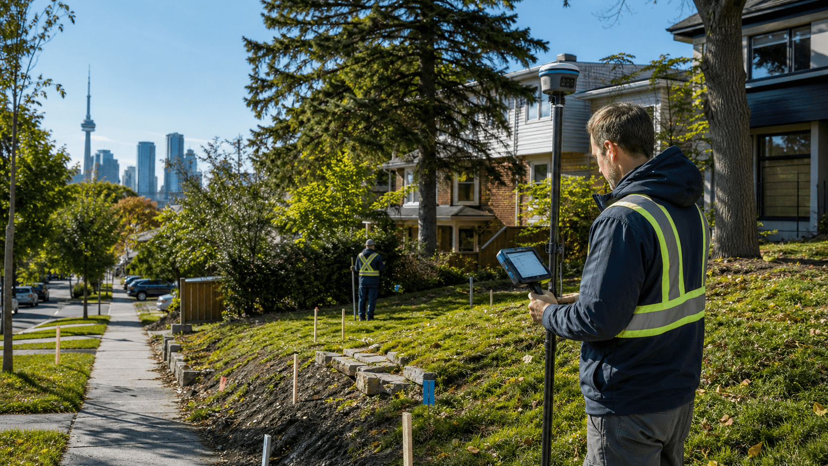 Survey crew collecting elevation data on a Toronto residential infill property
